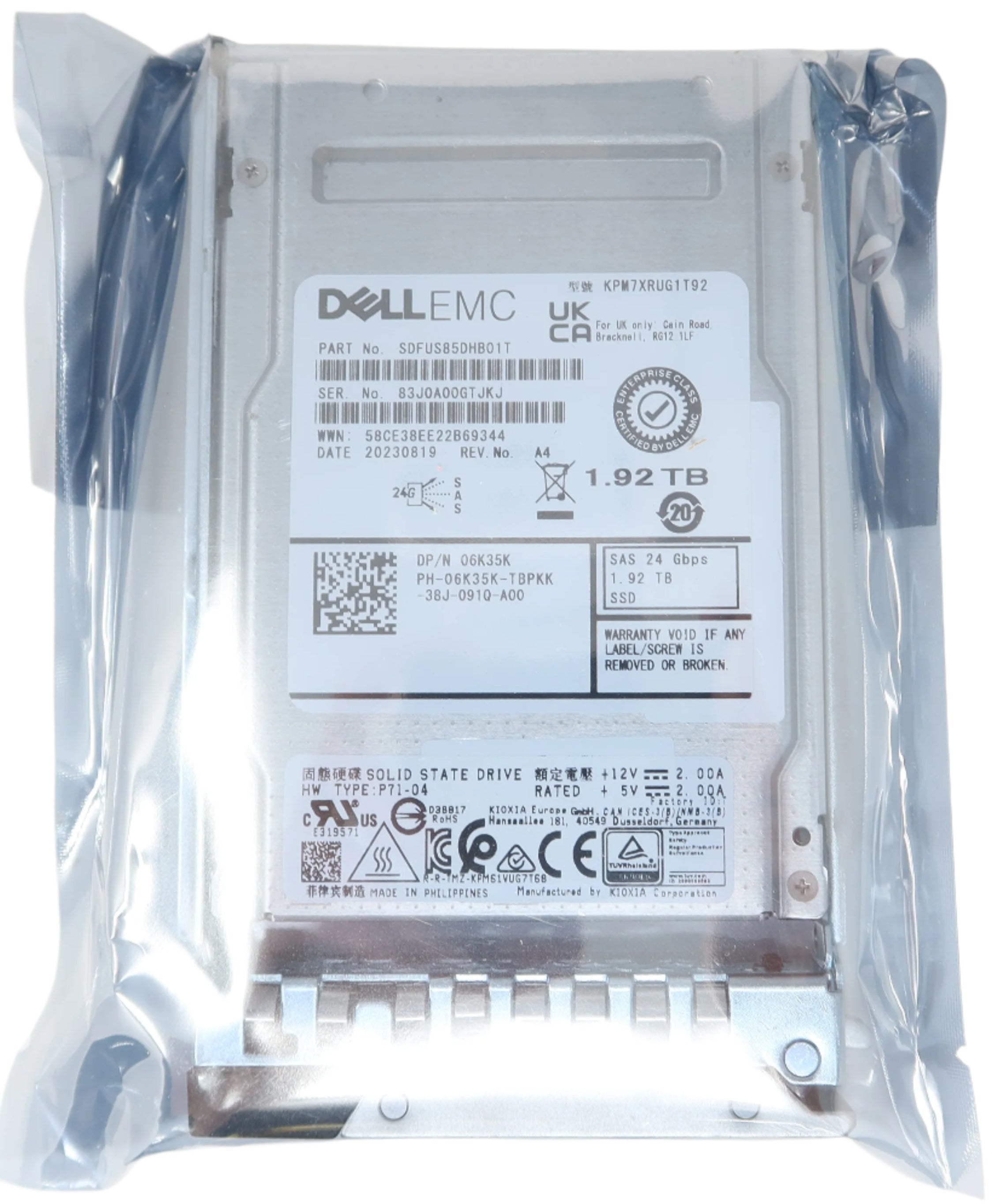 KPM7XRUG1T92 Dell Kioxia PM7-R 1.92TB SAS 24Gb/s SIE 2.5" SSD 06K35K